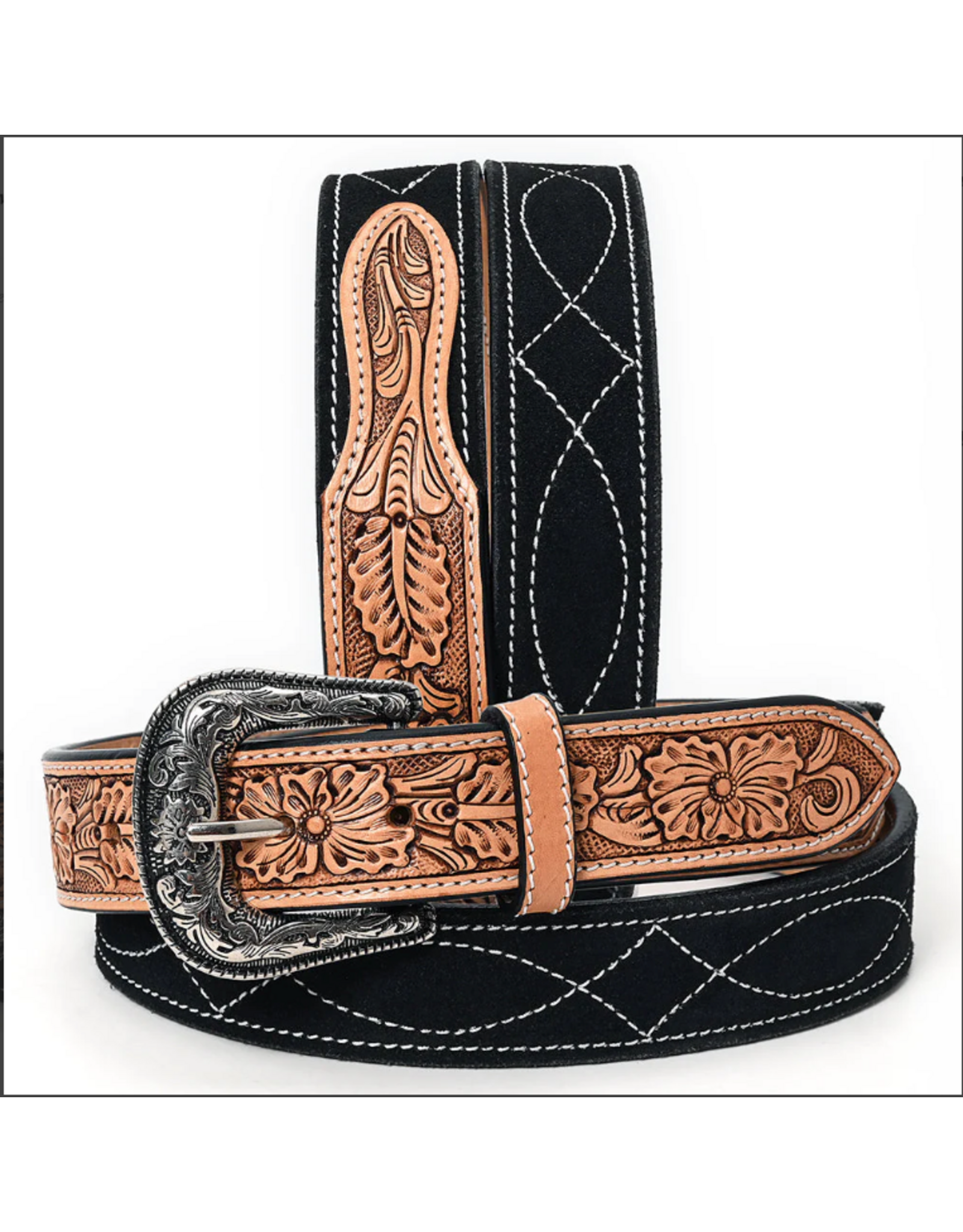 BELT AD BLACK SUEDE, TOOLED LEATHER