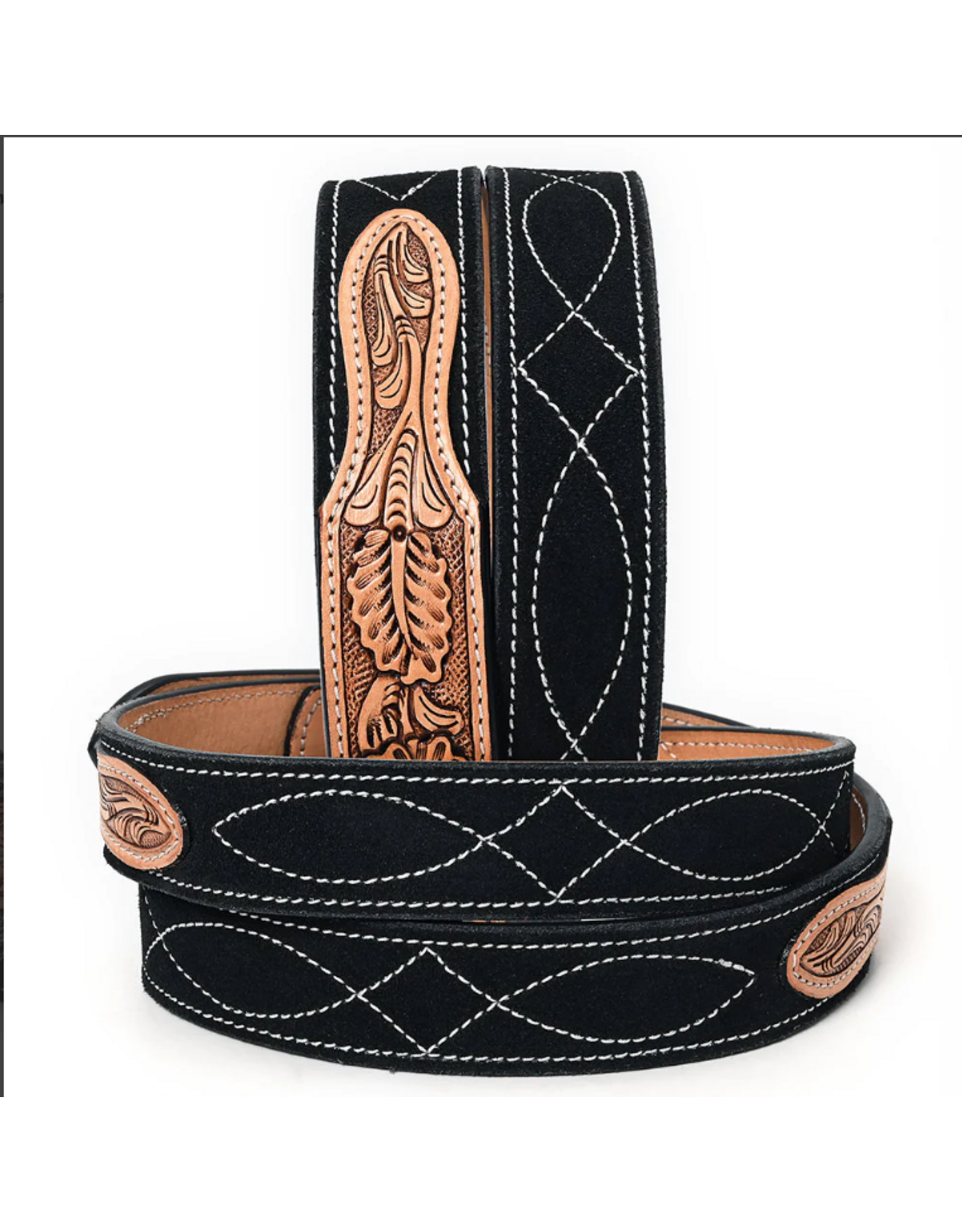 BELT AD BLACK SUEDE, TOOLED LEATHER