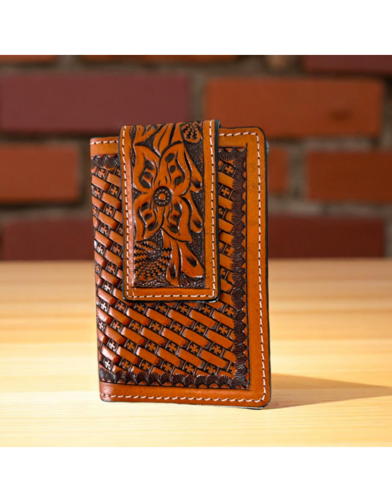 WALLET MENS MONEY CLIP BI FOLD FLORAL CARVING BSKT TOOLING