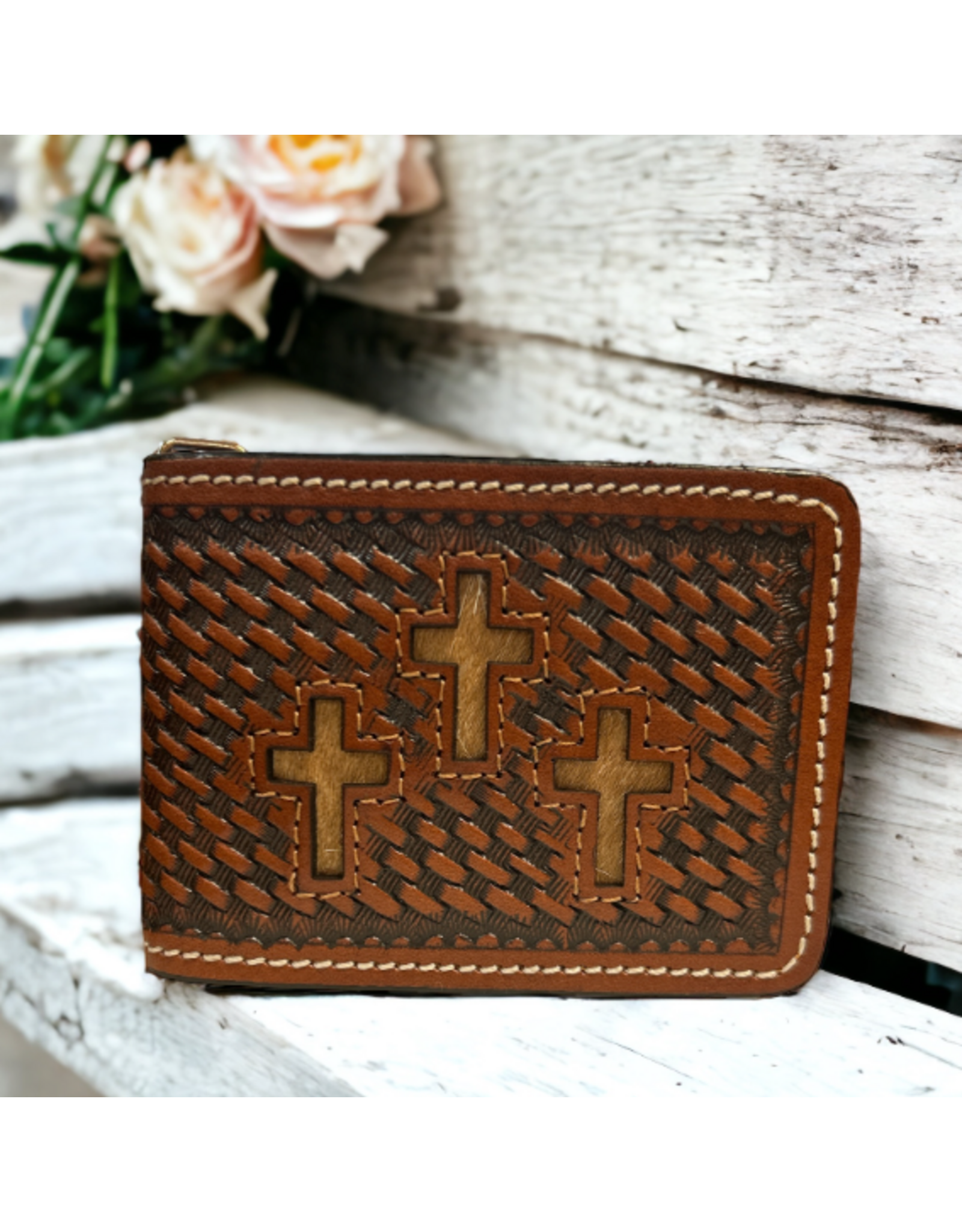 WALLET MENS LEATHER BASKET WEAVE INLAY HAIR CROSS