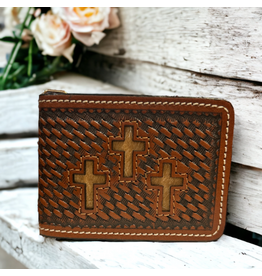 WALLET MENS LEATHER BASKET WEAVE INLAY HAIR CROSS
