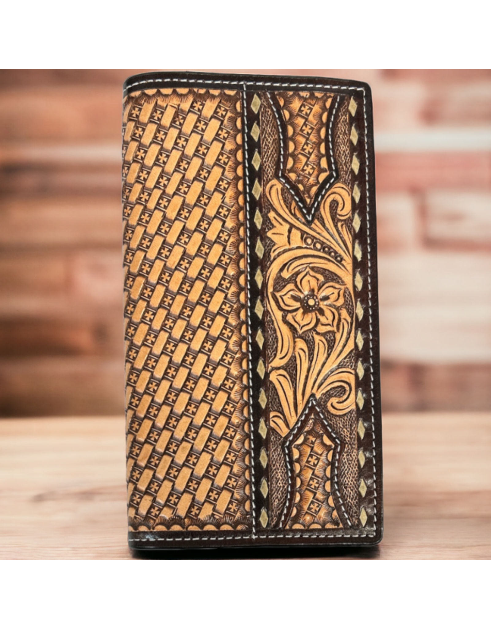 TWISTED X WALLET MENS RODEO FLORAL CARVING BASKET TOOLING, RAWHIDE BUCKSTITCH