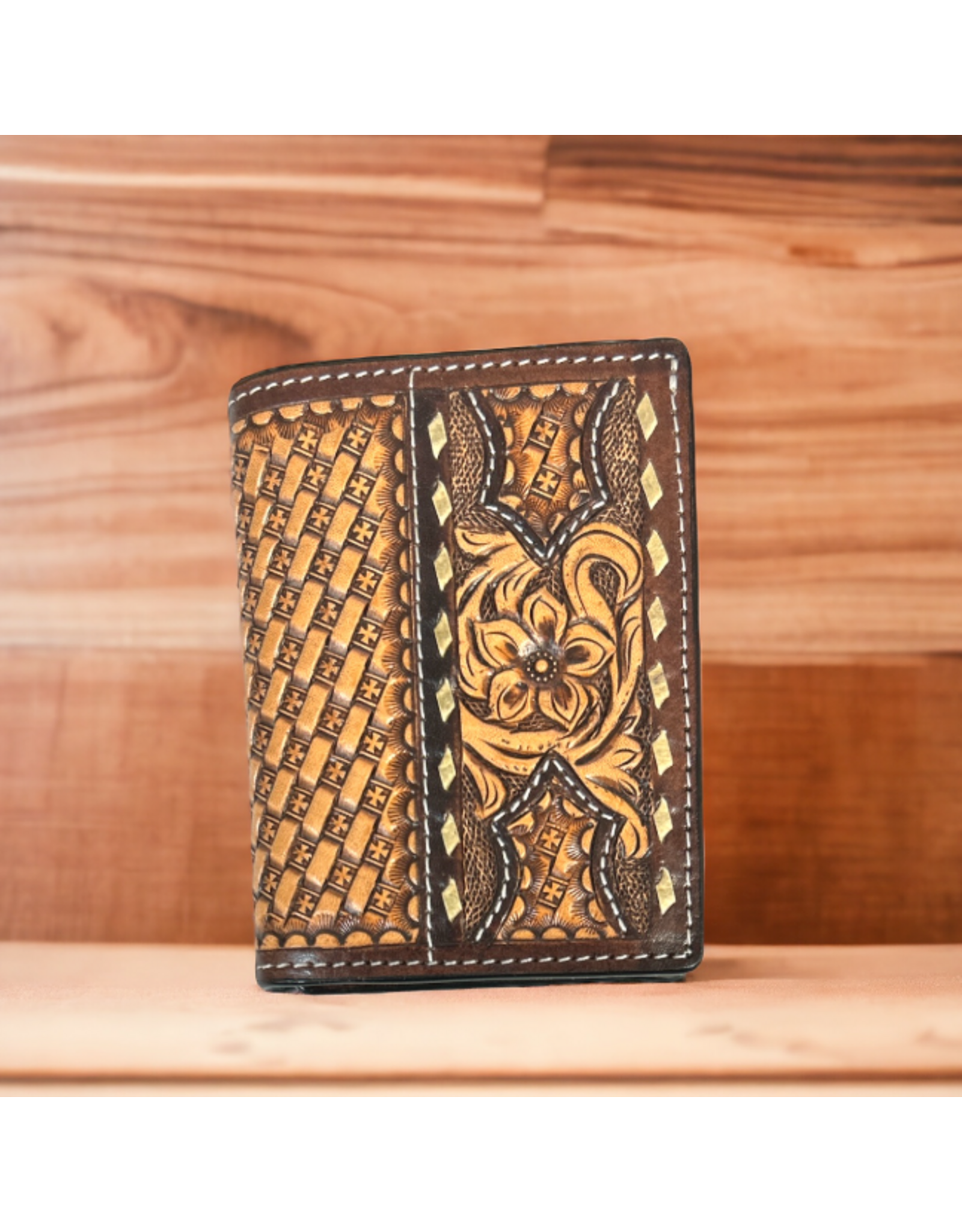 TWISTED X WALLET MENS LEATHER BASKET WEAVE, FLORAL CUT OUT, TRIFOLD