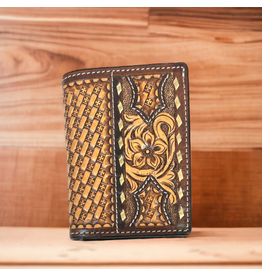 TWISTED X WALLET MENS LEATHER BASKET WEAVE, FLORAL CUT OUT, TRIFOLD