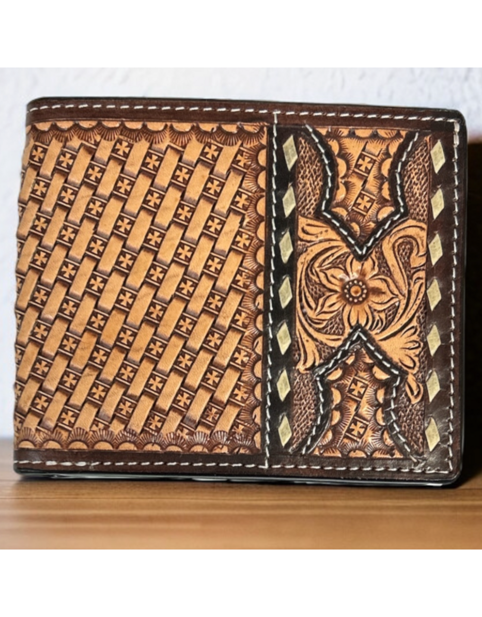 TWISTED X WALLET MENS LEATHER BASKET WEAVE,FLORAL CUTOUT, BIFOLD