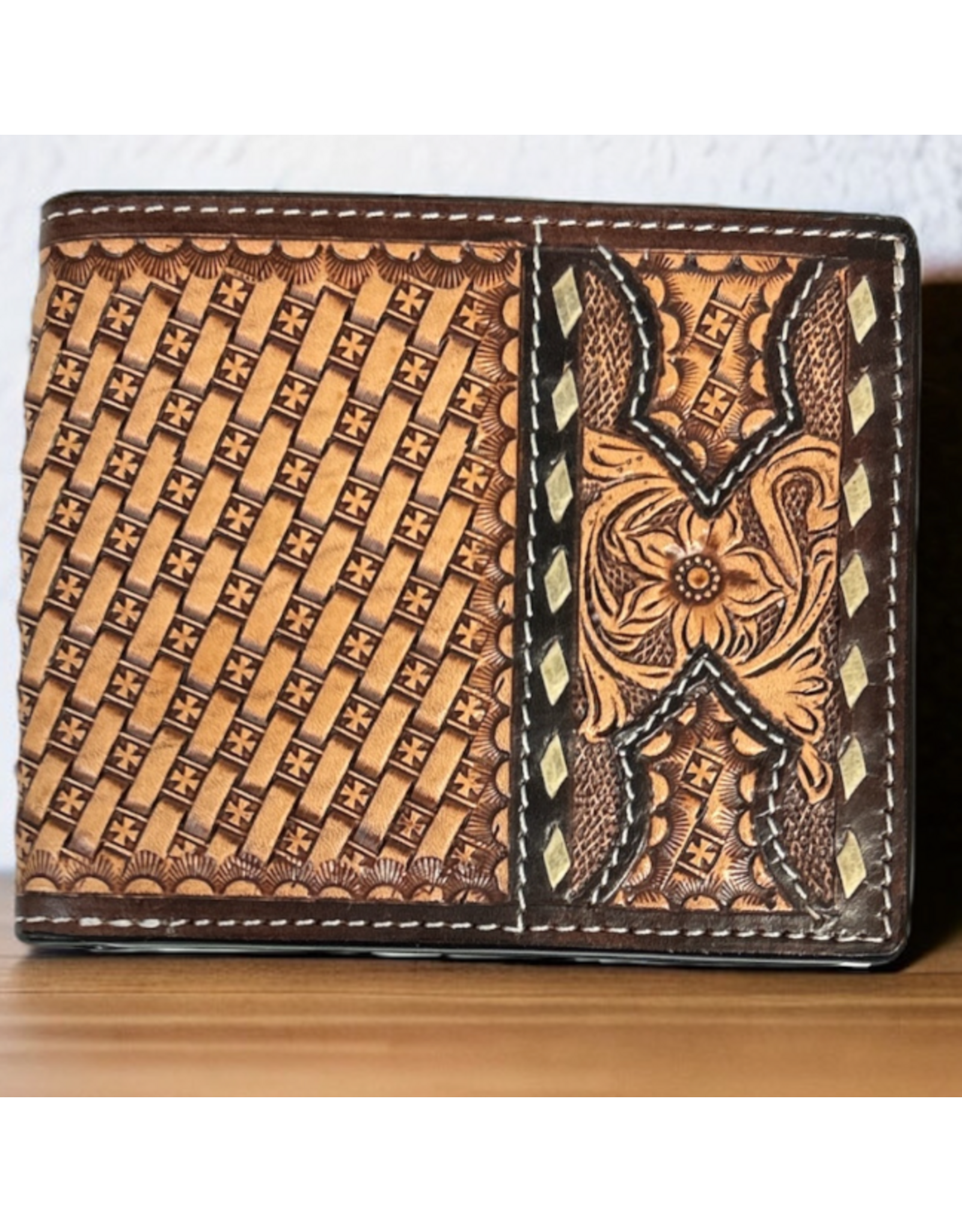 TWISTED X WALLET MENS LEATHER BIFOLD, FLORAL & BASKET TOOLING RAWHIDE BUCKSTITCH