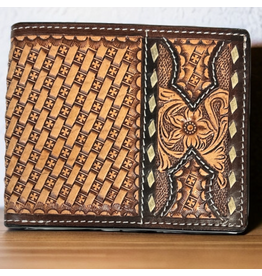 TWISTED X WALLET MENS LEATHER BIFOLD, FLORAL & BASKET TOOLING RAWHIDE BUCKSTITCH