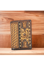TWISTED X WALLET MENS LEATHER TRIFOLD, FLORAL & BASKET TOOLING RAWHIDE BUCKSTITCH