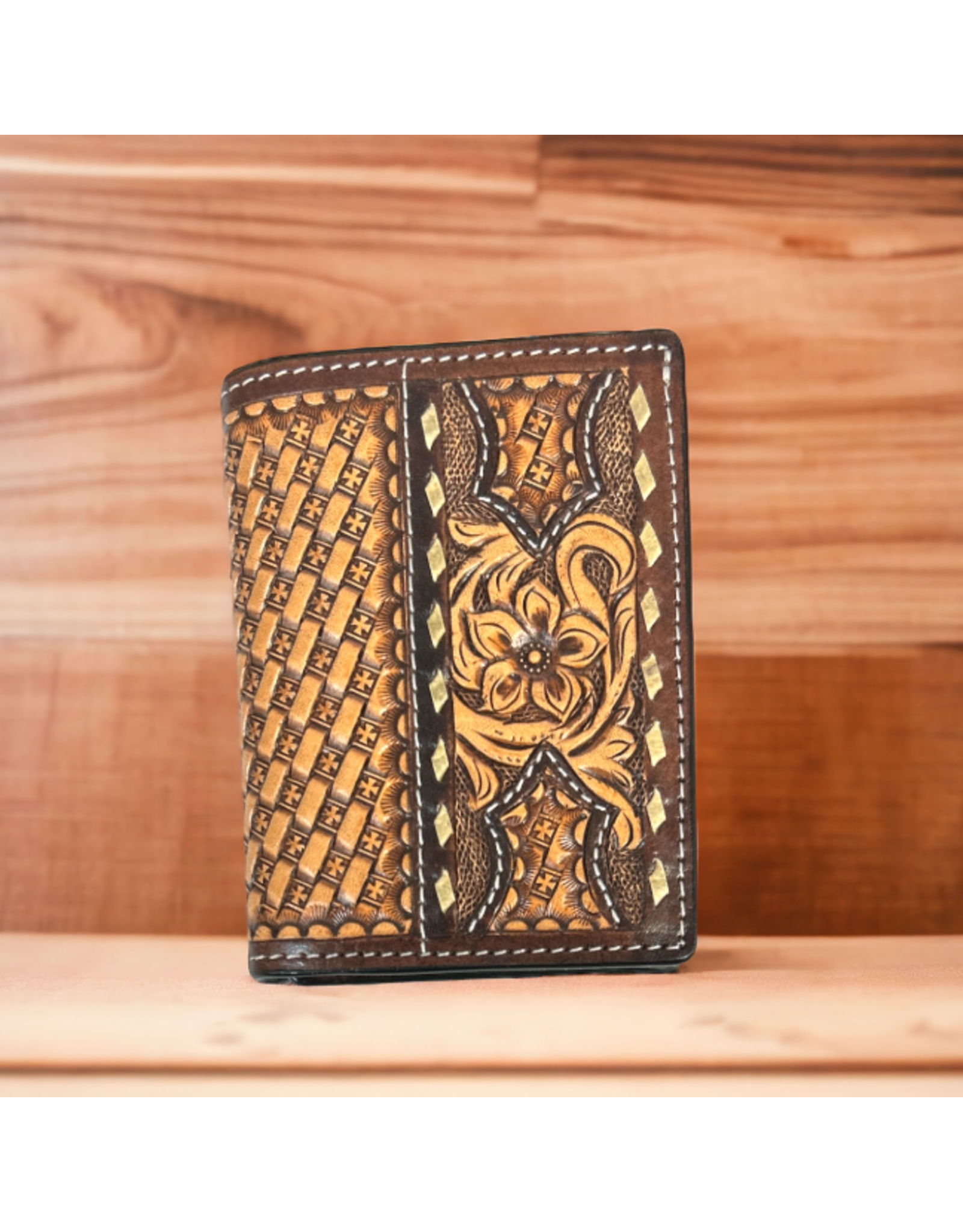 TWISTED X WALLET MENS LEATHER TRIFOLD, FLORAL & BASKET TOOLING RAWHIDE BUCKSTITCH