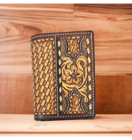 TWISTED X WALLET MENS LEATHER TRIFOLD, FLORAL & BASKET TOOLING RAWHIDE BUCKSTITCH