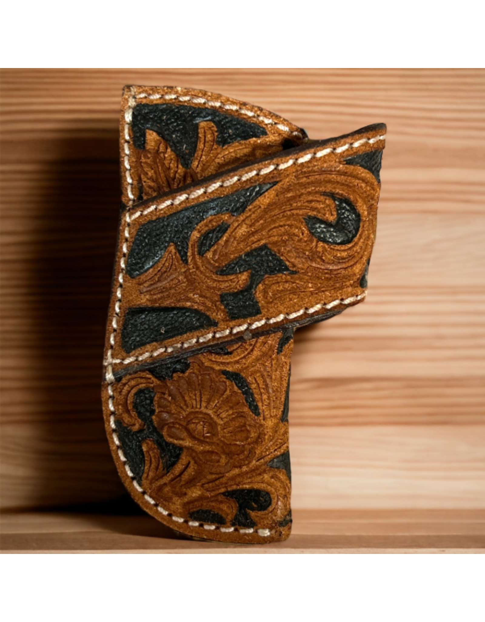 KNIFE SHEATH LEATHER ROUGH OUT BLACK INLAY FLORAL
