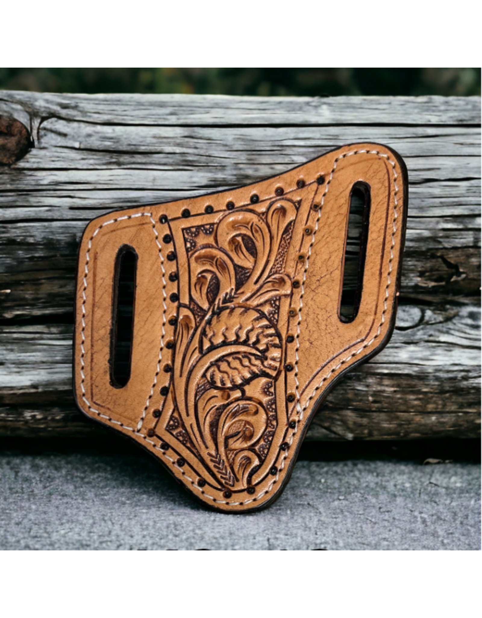 KNIFE SHEATH LEATHER FLORAL TOOLED BLACK DOTS
