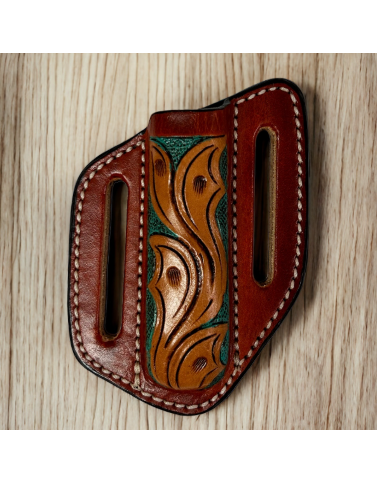 KNIFE SHEATH LEATHER FLORAL TOOLED GREEN INLAY
