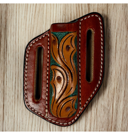 KNIFE SHEATH LEATHER FLORAL TOOLED GREEN INLAY