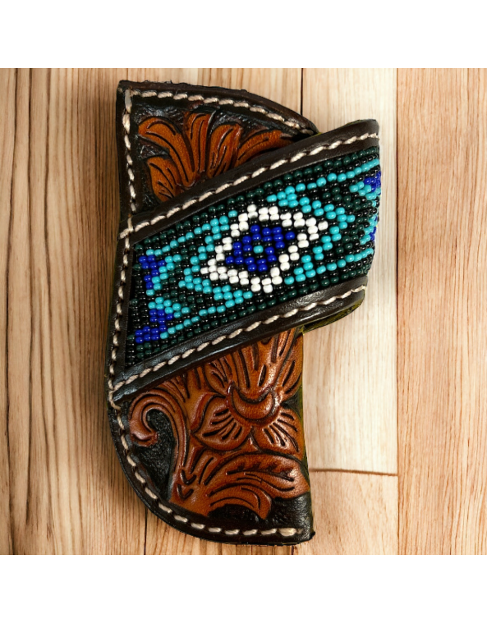 KNIFE SHEATH LEATHER BLUE BEADED