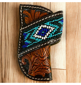 KNIFE SHEATH LEATHER BLUE BEADED