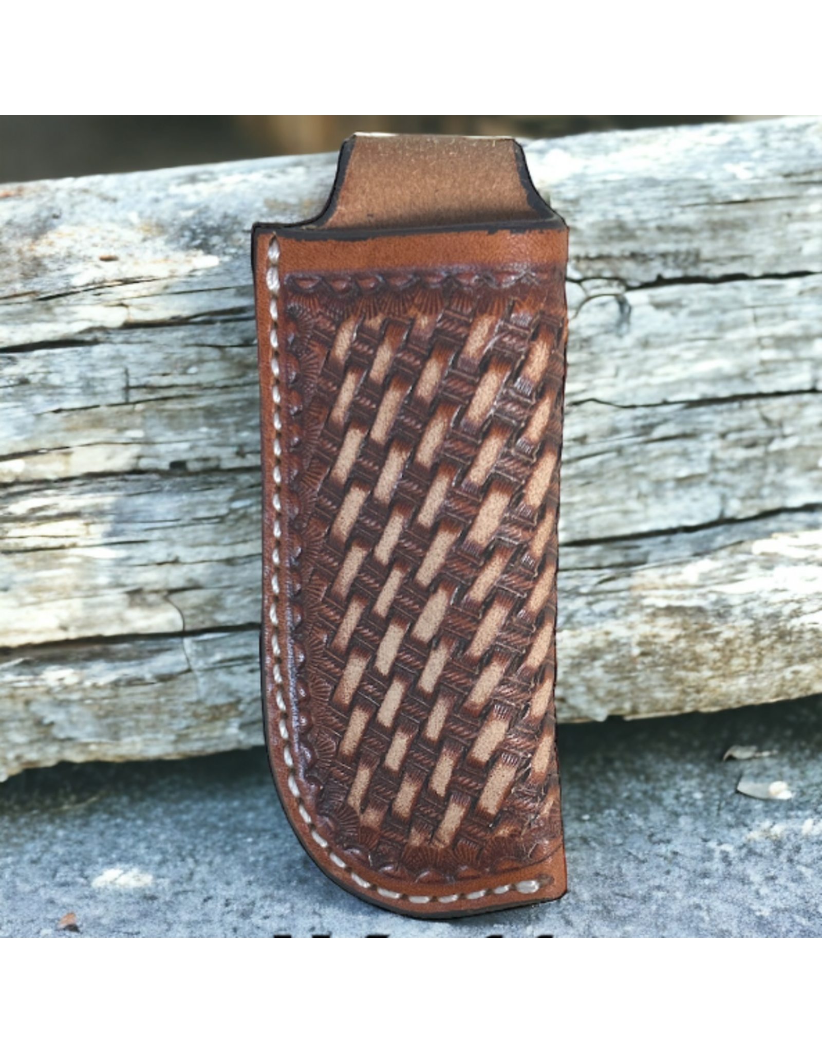 KNIFE SHEATH LEATHER LIGHT BROWN BASKET WEAVE