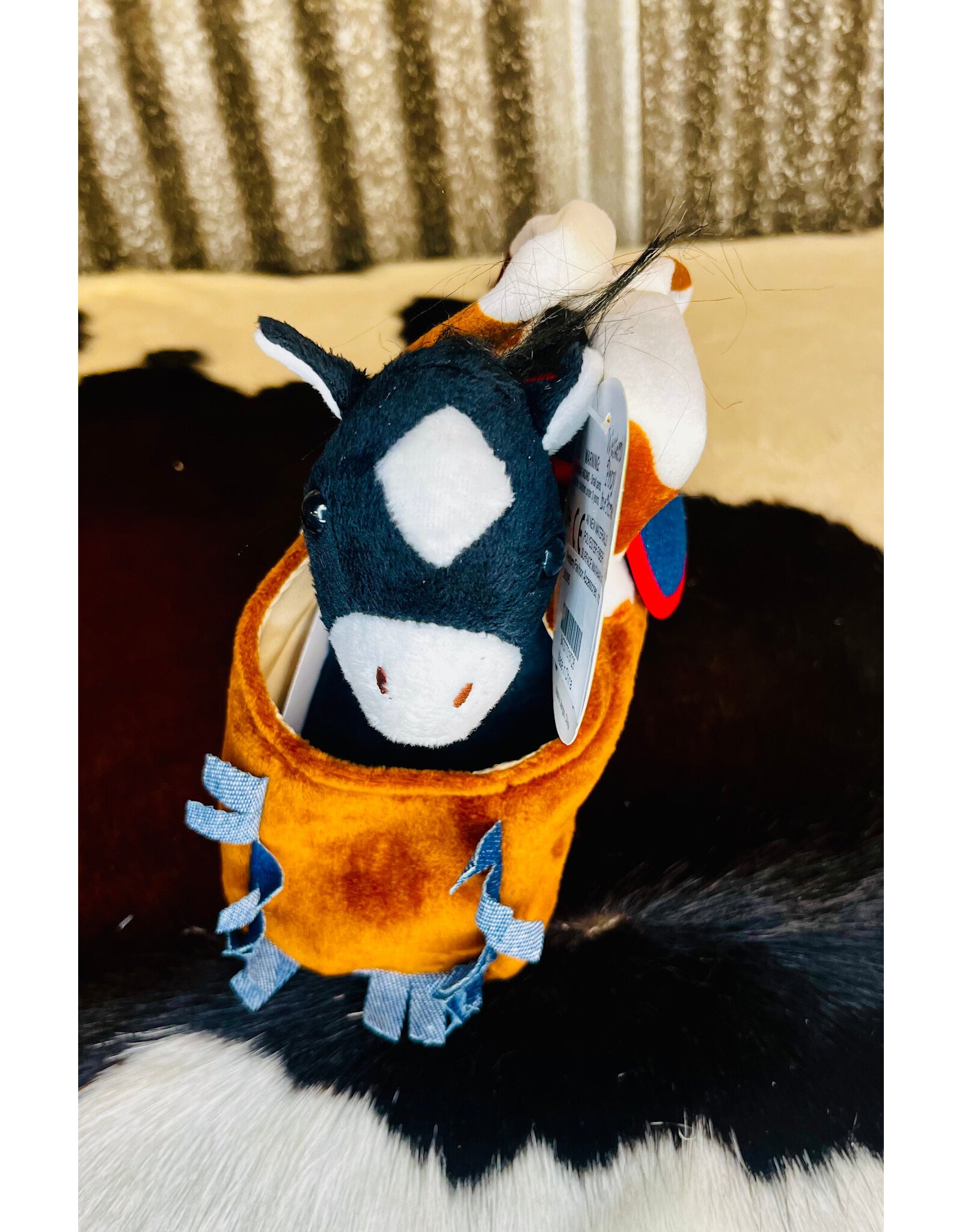 TOY BLACK PLUSH PONY IN BROWN/ DENIM CARRY PURSE