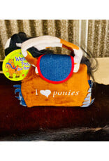 TOY BLACK PLUSH PONY IN BROWN/ DENIM CARRY PURSE