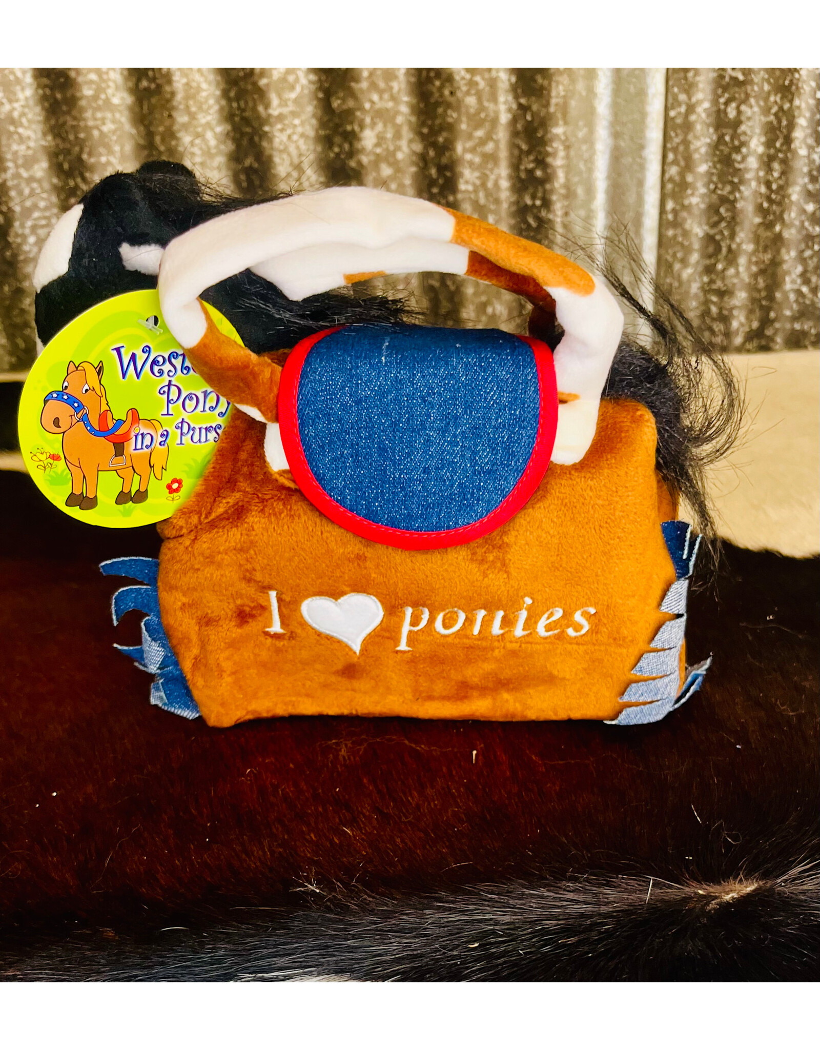 TOY BLACK PLUSH PONY IN BROWN/ DENIM CARRY PURSE
