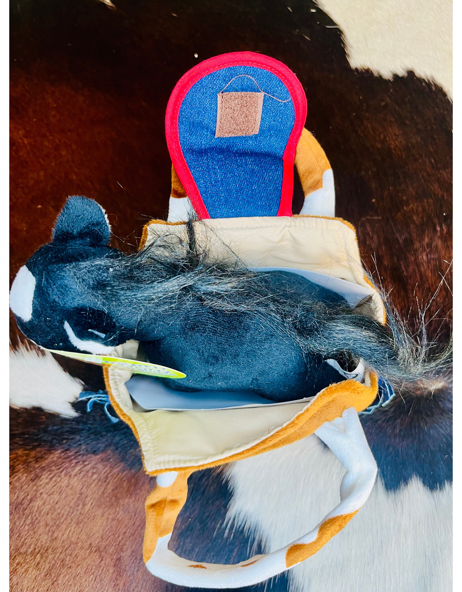 TOY BLACK PLUSH PONY IN BROWN/ DENIM CARRY PURSE