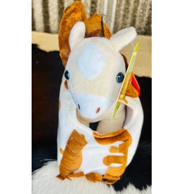 TOY CREAM PLUSH PONY IN BROWN/ WHITE COWPRINT CARRY PURSE