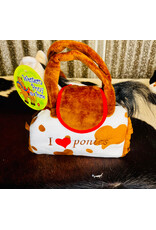 TOY CREAM PLUSH PONY IN BROWN/ WHITE COWPRINT CARRY PURSE