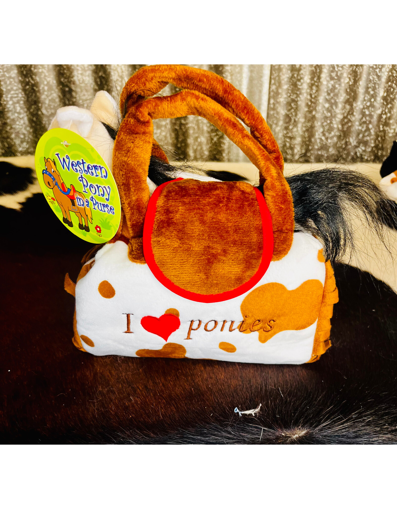 TOY CREAM PLUSH PONY IN BROWN/ WHITE COWPRINT CARRY PURSE