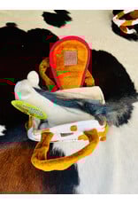 TOY CREAM PLUSH PONY IN BROWN/ WHITE COWPRINT CARRY PURSE