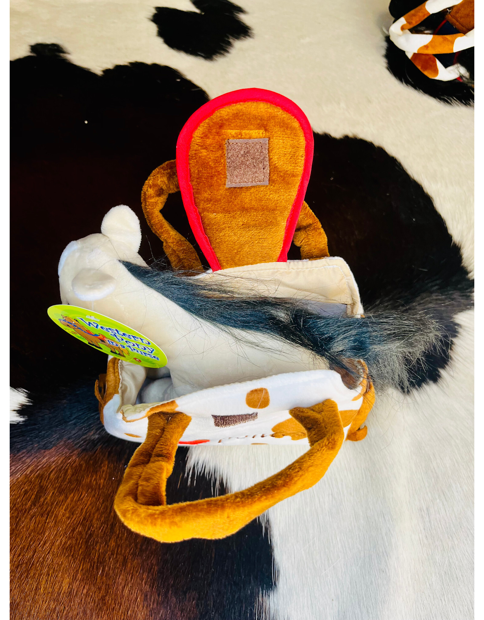 TOY CREAM PLUSH PONY IN BROWN/ WHITE COWPRINT CARRY PURSE