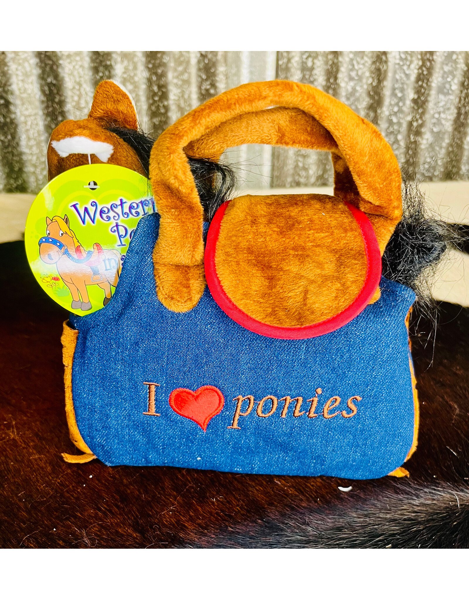 TOY BROWN PLUSH PONY IN DENIM/BROWN CARRY PURSE