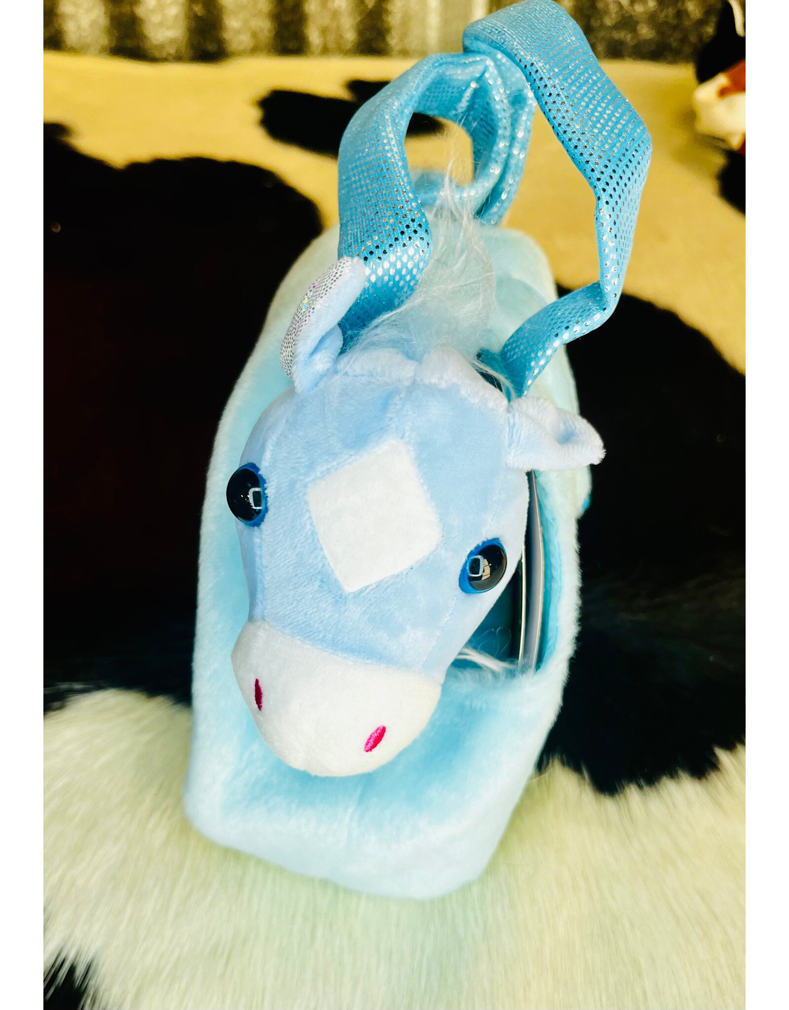 TOY BLUE PLUSH PONY IN BLUE CARRY PURSE