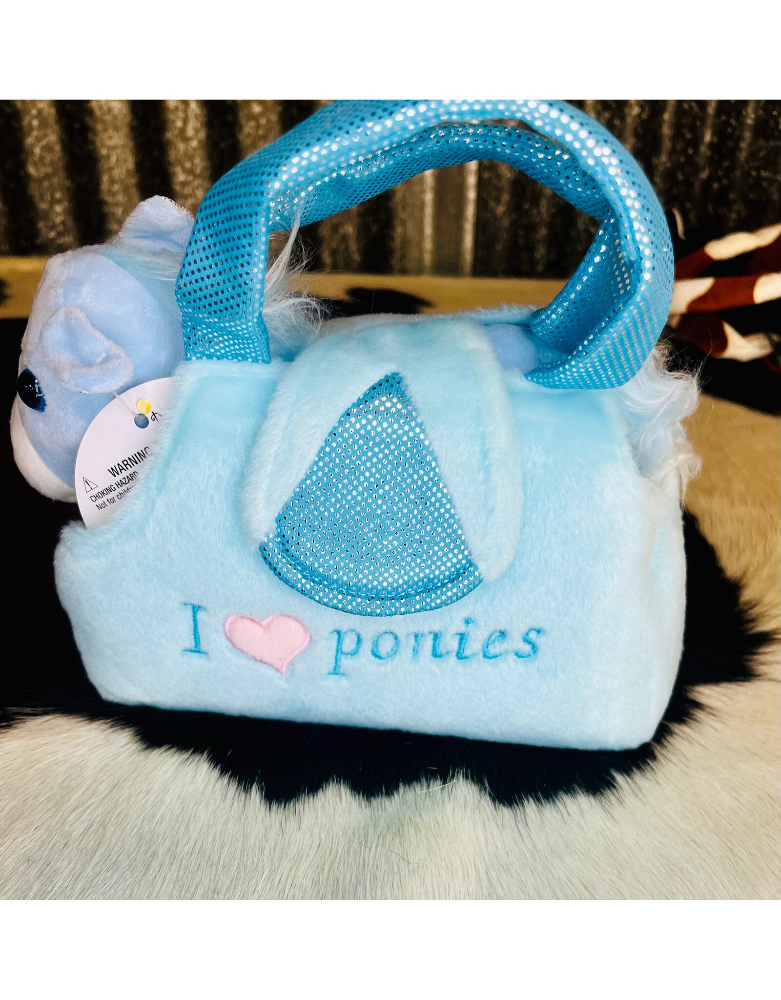TOY BLUE PLUSH PONY IN BLUE CARRY PURSE