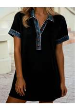 DRESS BUTTON POLO DENIM TRIM BLACK RIBBED KNIT