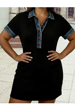 DRESS BUTTON POLO DENIM TRIM BLACK RIBBED KNIT