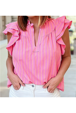 BLOUSE STRIPE PINK W/ RUFFLED SLEEVES