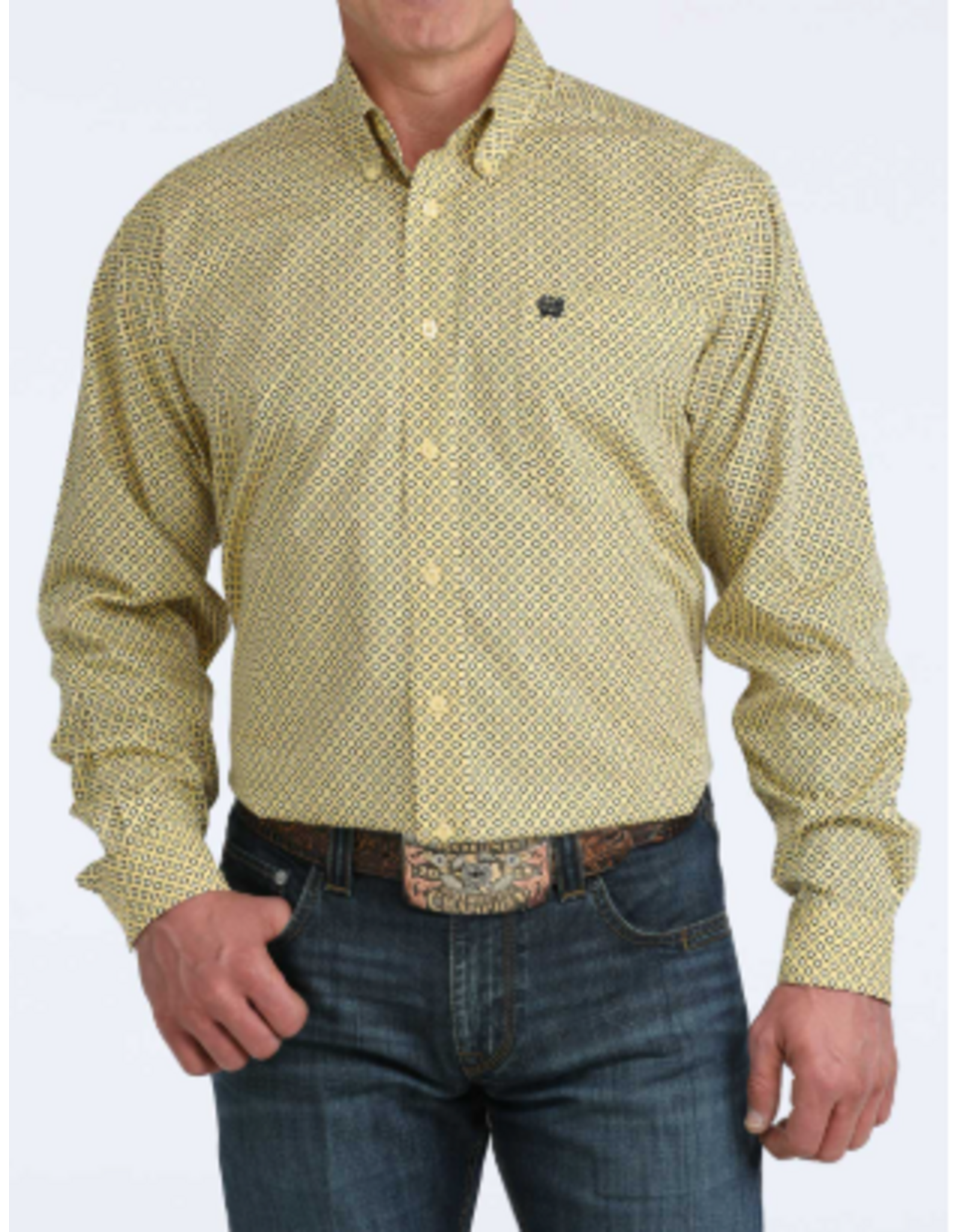 CINCH SHIRT MNS L/S BUTTON UP PRINT DIAMOND YELLOW