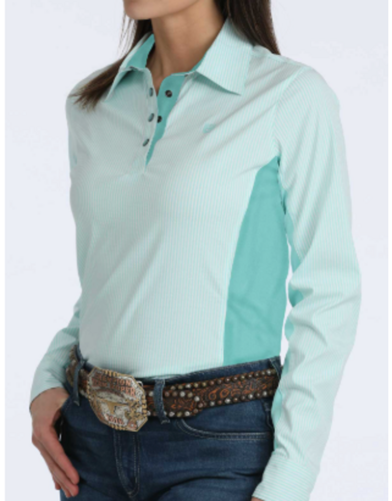 CINCH SHIRT WMS L/S HYBRID 1/4 SNAP STRIPE LIGHT BLUE W/ COLLAR