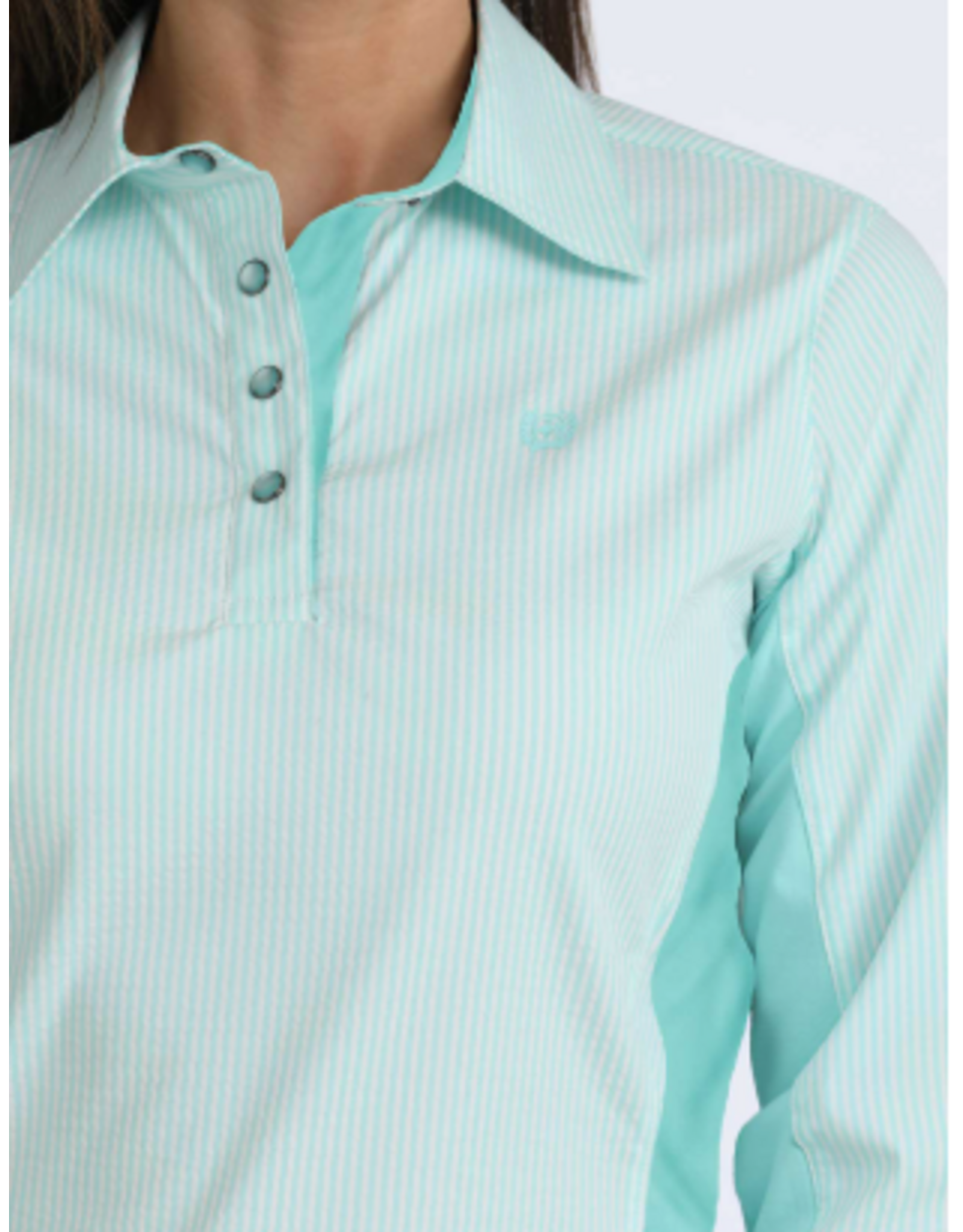 CINCH SHIRT WMS L/S HYBRID 1/4 SNAP STRIPE LIGHT BLUE W/ COLLAR