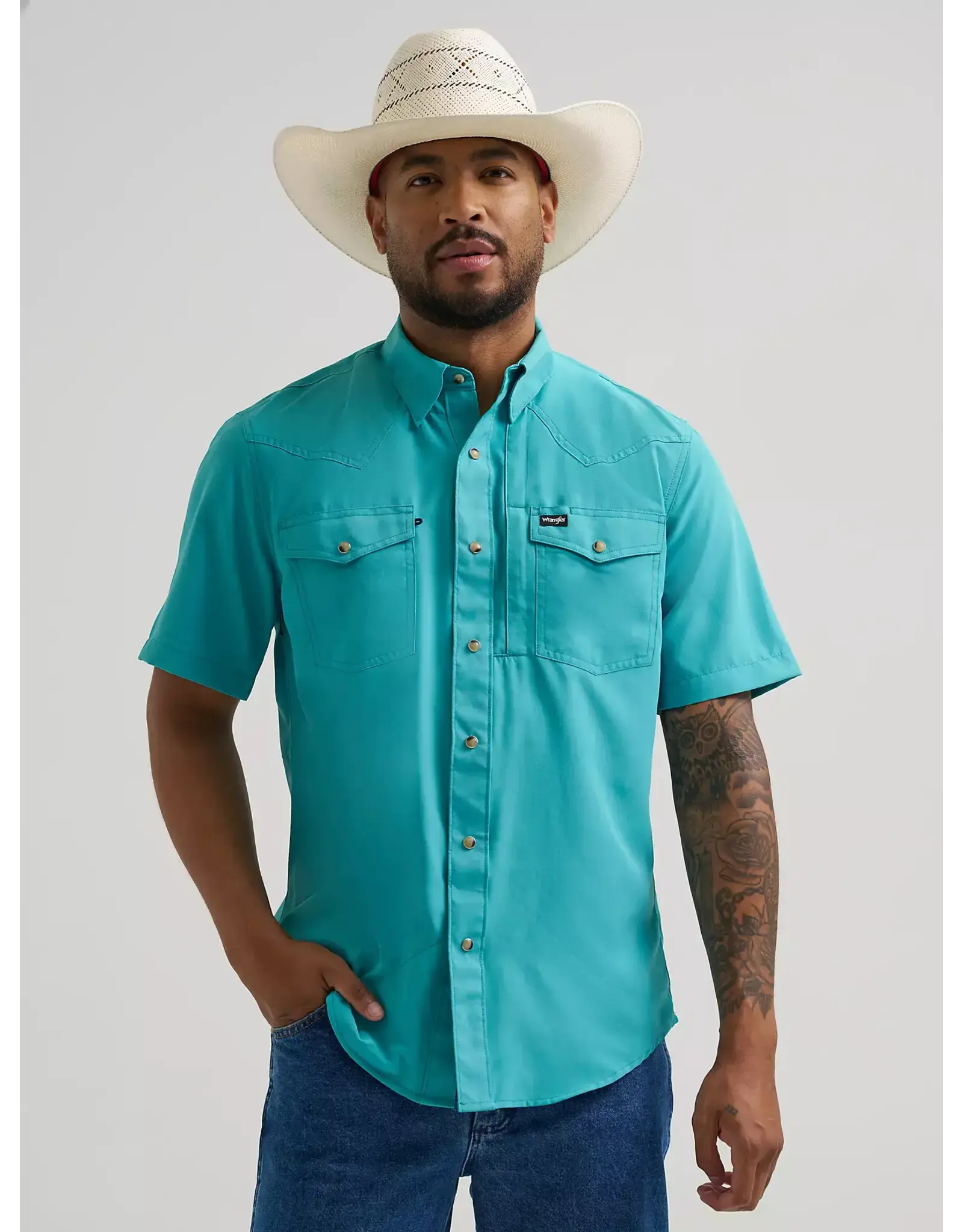 SHIRT MENS WRANGLER SS TEAL SNAP LATIGO BAY