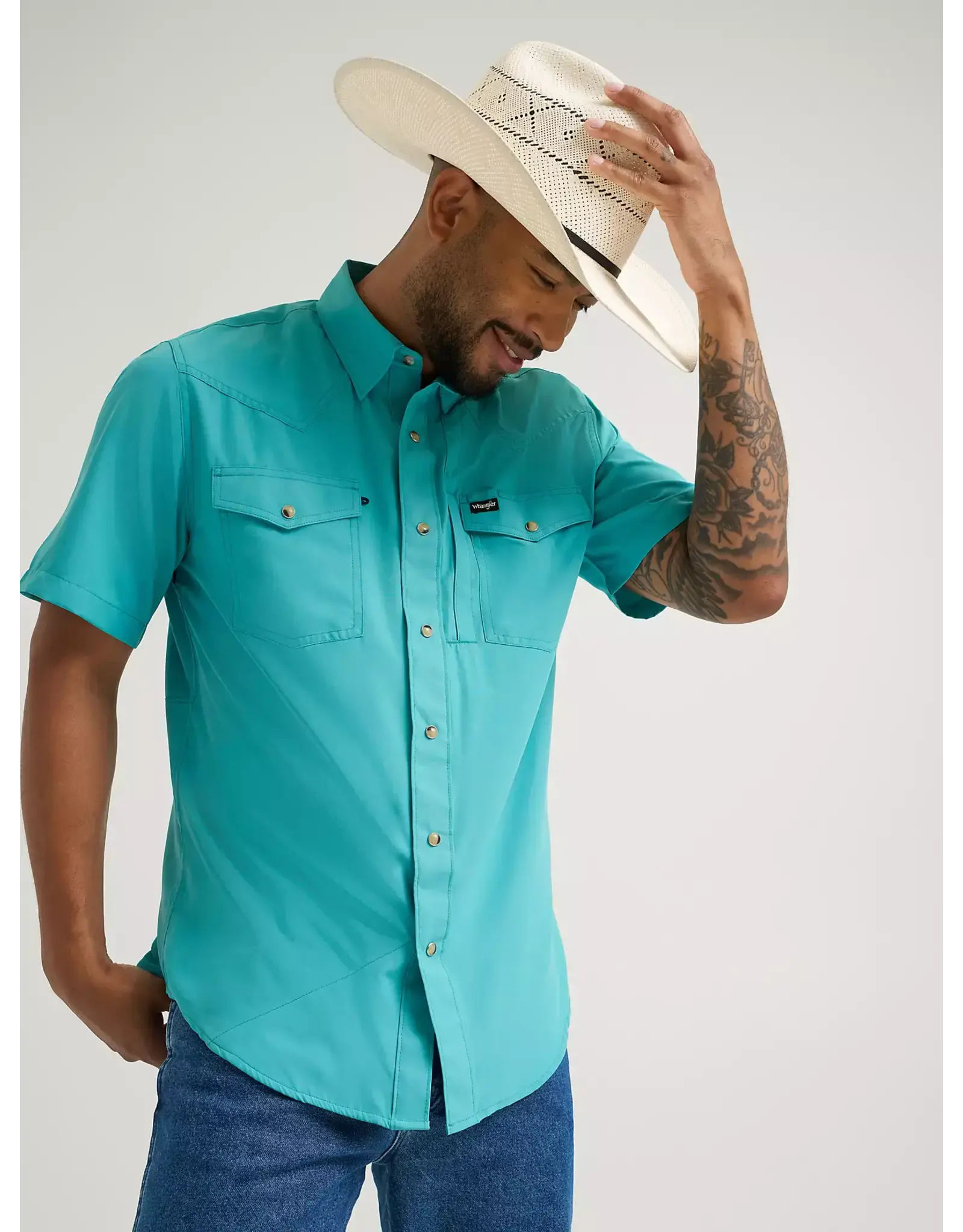 SHIRT MENS WRANGLER SS TEAL SNAP LATIGO BAY