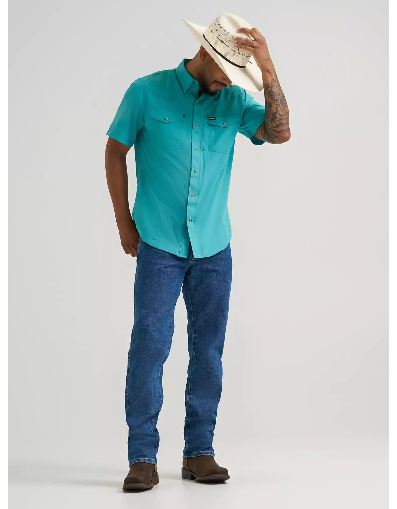 SHIRT MENS WRANGLER SS TEAL SNAP LATIGO BAY