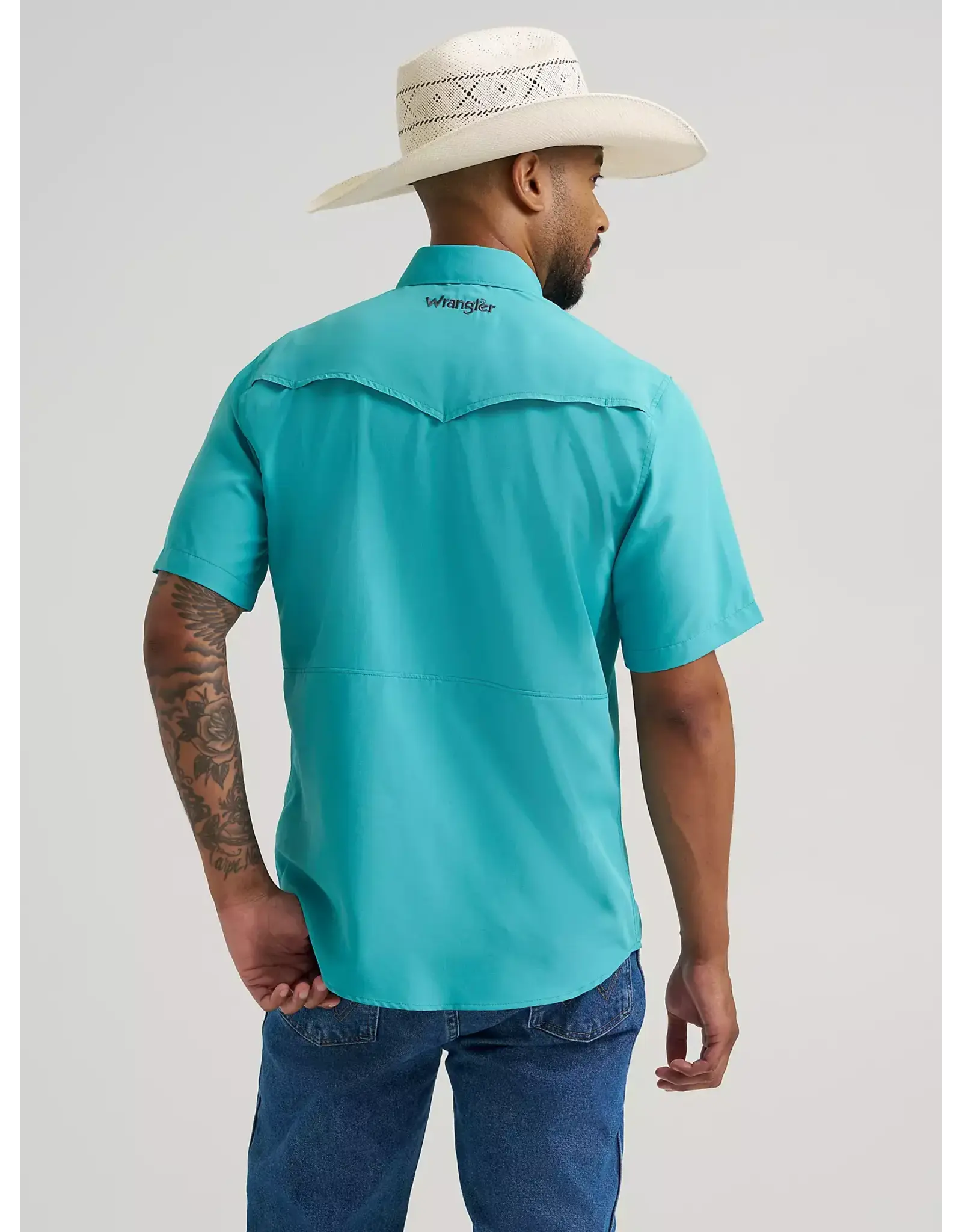 SHIRT MENS WRANGLER SS TEAL SNAP LATIGO BAY