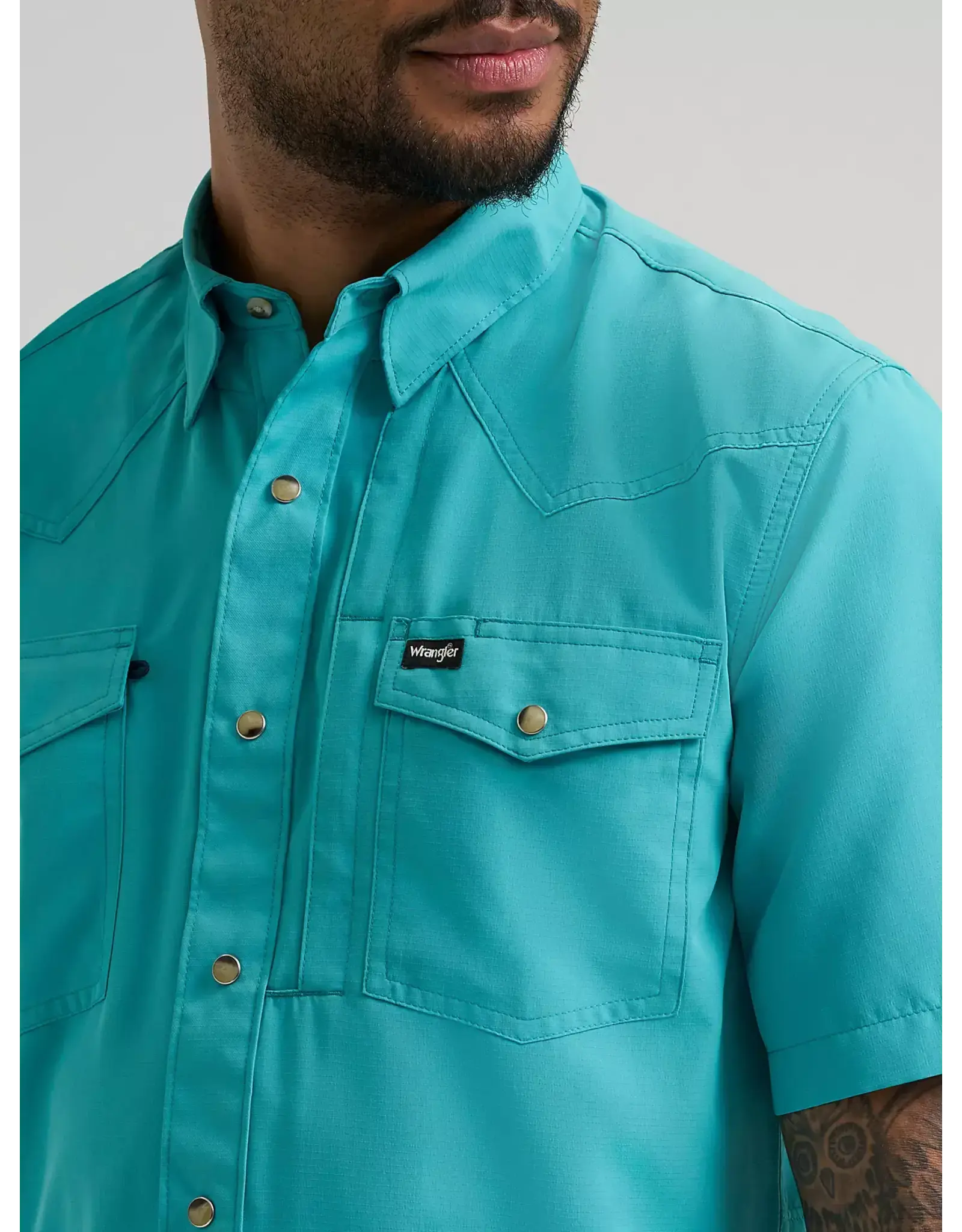 SHIRT MENS WRANGLER SS TEAL SNAP LATIGO BAY