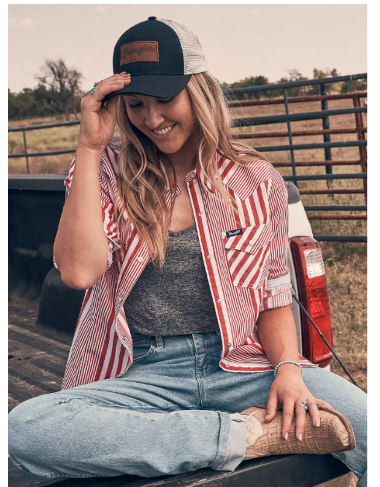 SHIRT WMS WRANGLER BUTTON RED/WHITE STRIPE