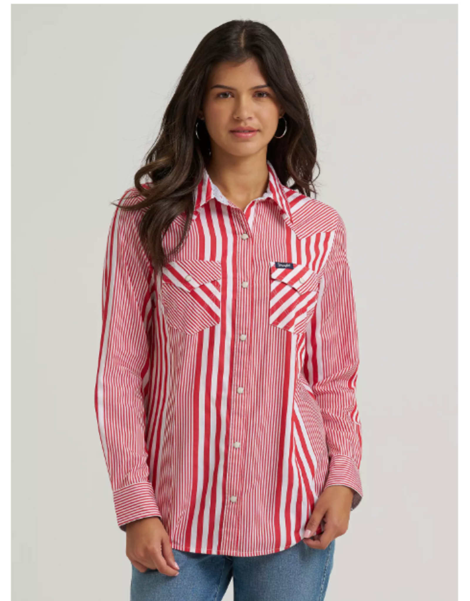 SHIRT WMS WRANGLER BUTTON RED/WHITE STRIPE