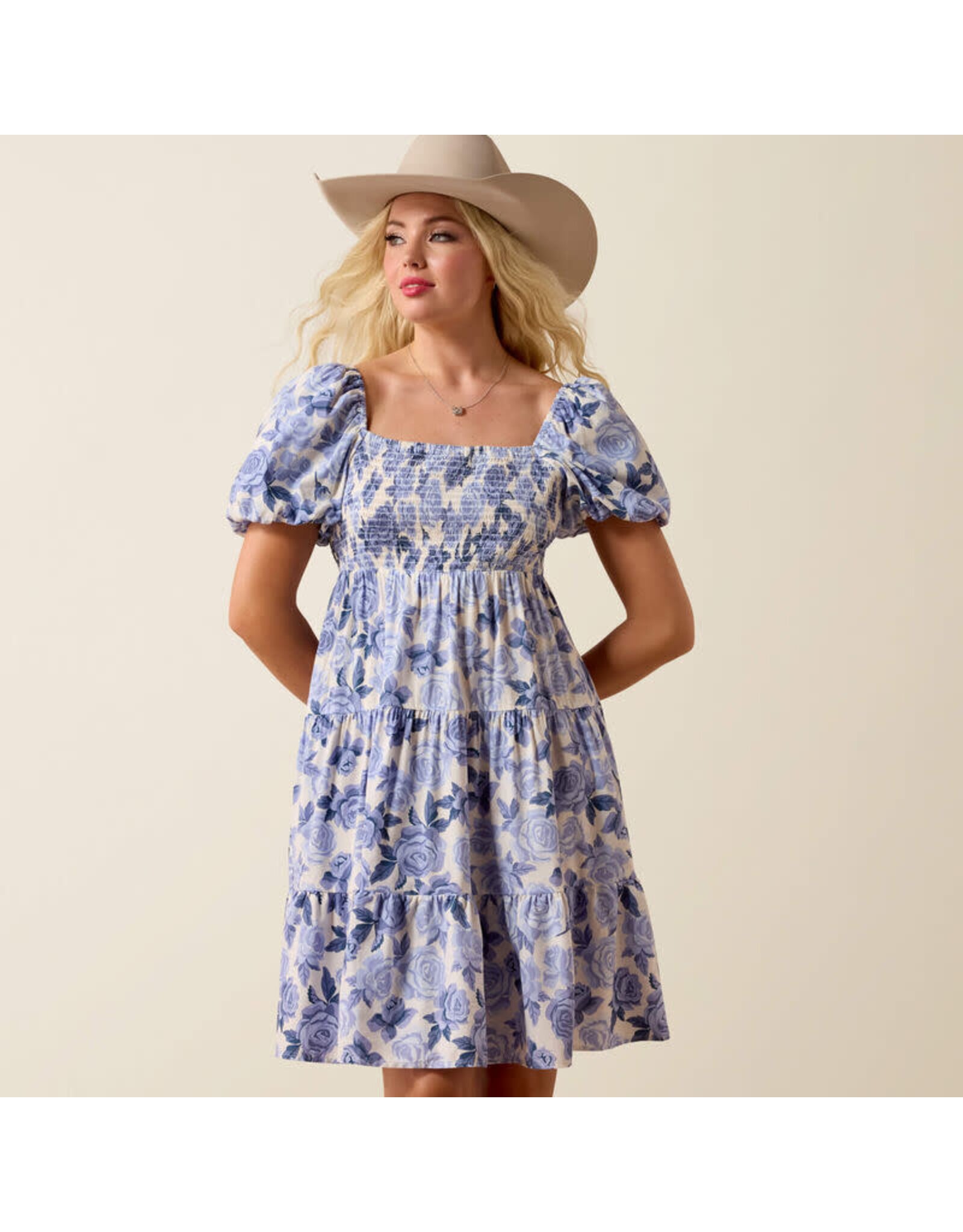 ARIAT DRESS WMS ARIAT WHITE WITH BLUE FLOWERS