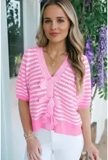 BLOUSE WMS PINK WHITE STRIPE BOW TIE V NECK