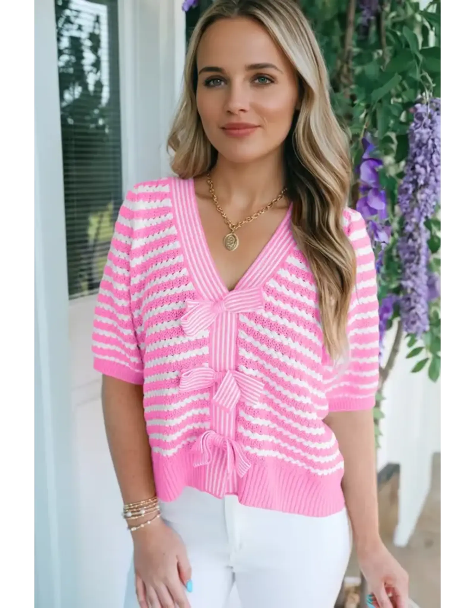 BLOUSE WMS PINK WHITE STRIPE BOW TIE V NECK