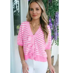 BLOUSE WMS PINK WHITE STRIPE BOW TIE V NECK